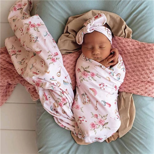 Alice's Tea Party Organic Jersey Wrap & Top Knot Set