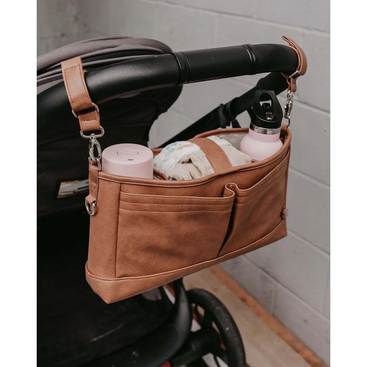 Vegan Leather Stroller Organiser/Pram Caddy - Tan