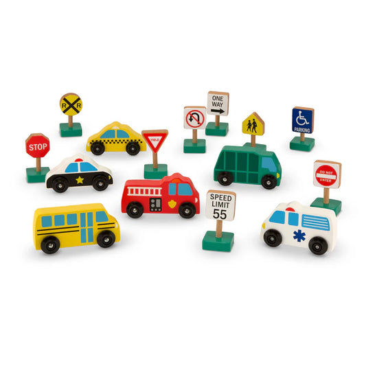 Wooden Traffic Signs and Vehicles
