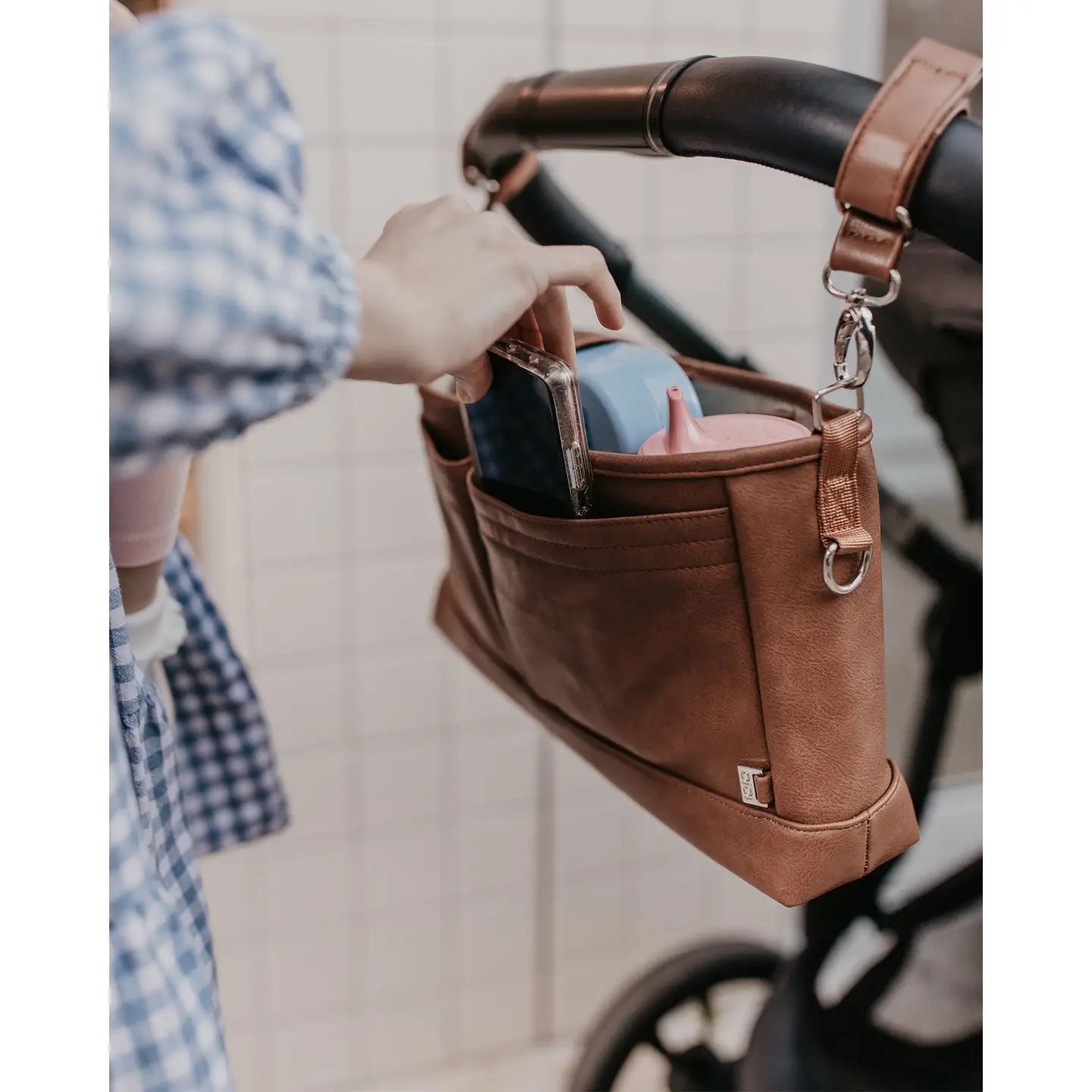 Vegan Leather Stroller Organiser/Pram Caddy - Tan