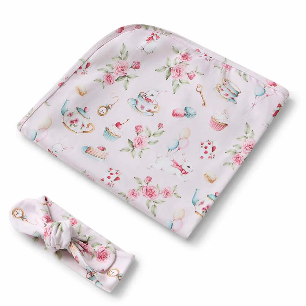 Alice's Tea Party Organic Jersey Wrap & Top Knot Set