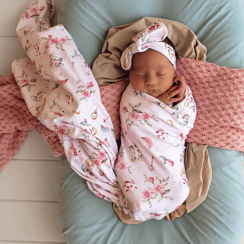 Alice's Tea Party Organic Jersey Wrap & Top Knot Set