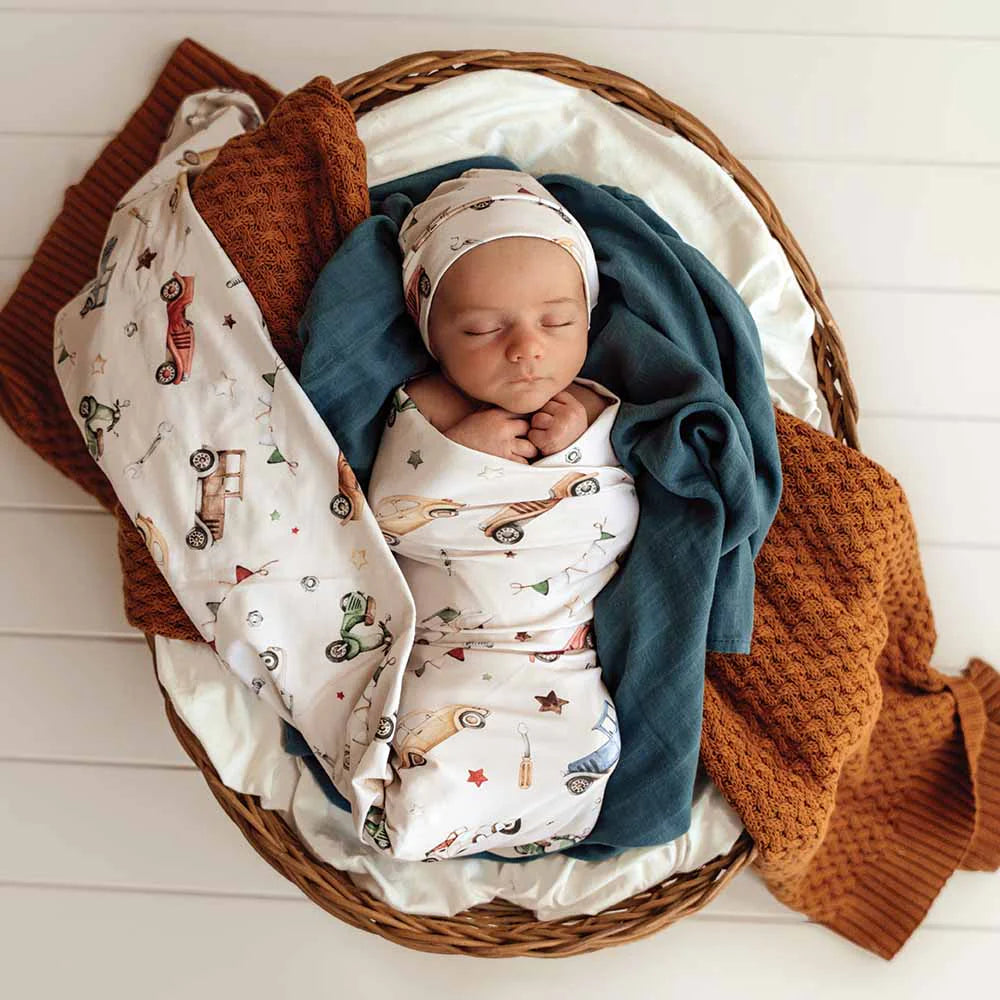 Vintage Cars Organic Jersey Wrap & Beanie Set