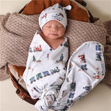 Trains Organic Jersey Wrap & Beanie Set