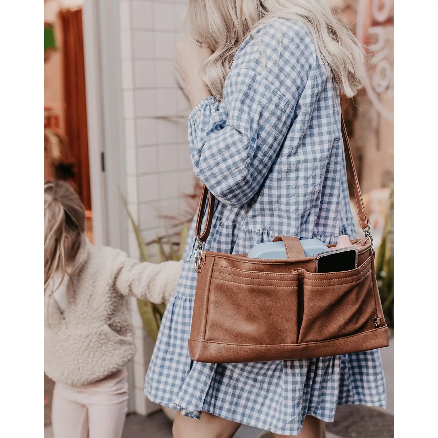 Vegan Leather Stroller Organiser/Pram Caddy - Tan