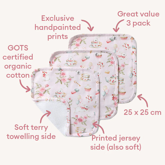 Alice's Tea Party Organic Wash Cloth - 3pk