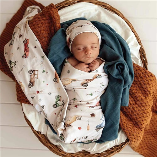 Vintage Cars Organic Jersey Wrap & Beanie Set