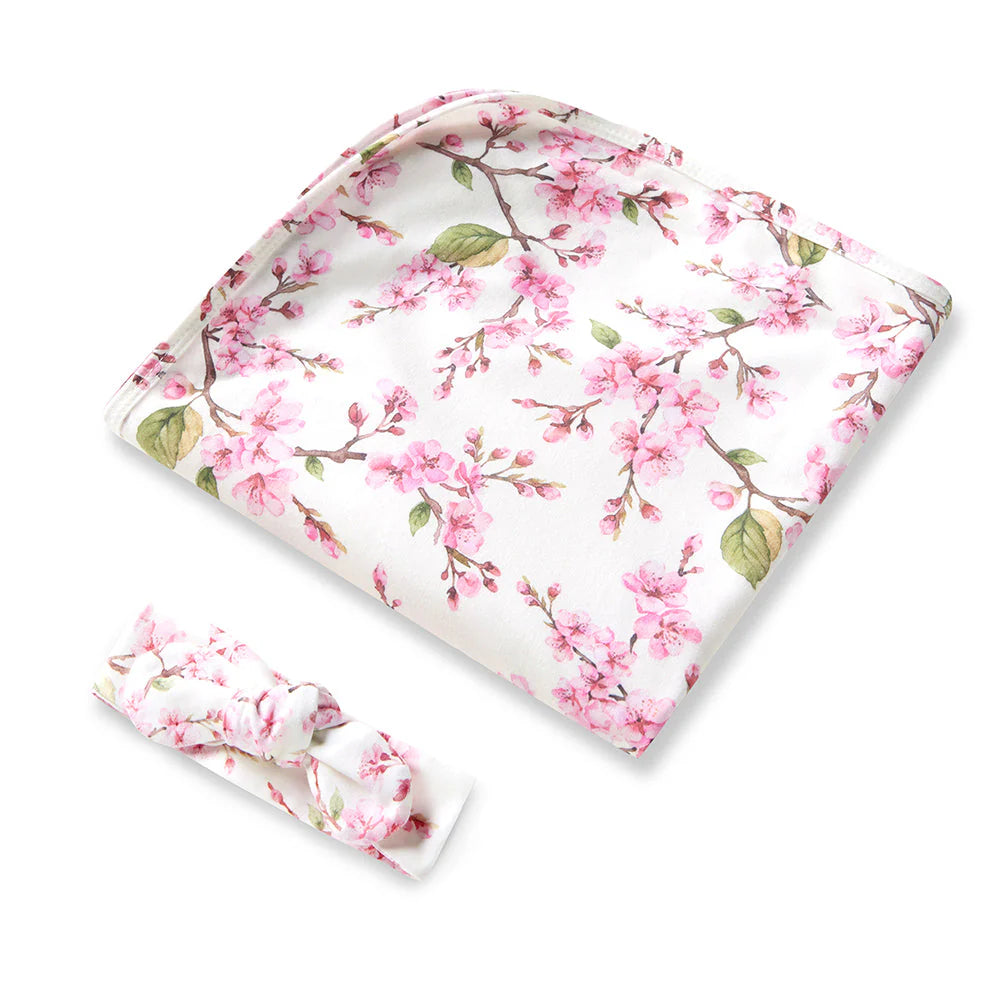 Cherry Blossom Organic Jersey Wrap & Top Knot Set