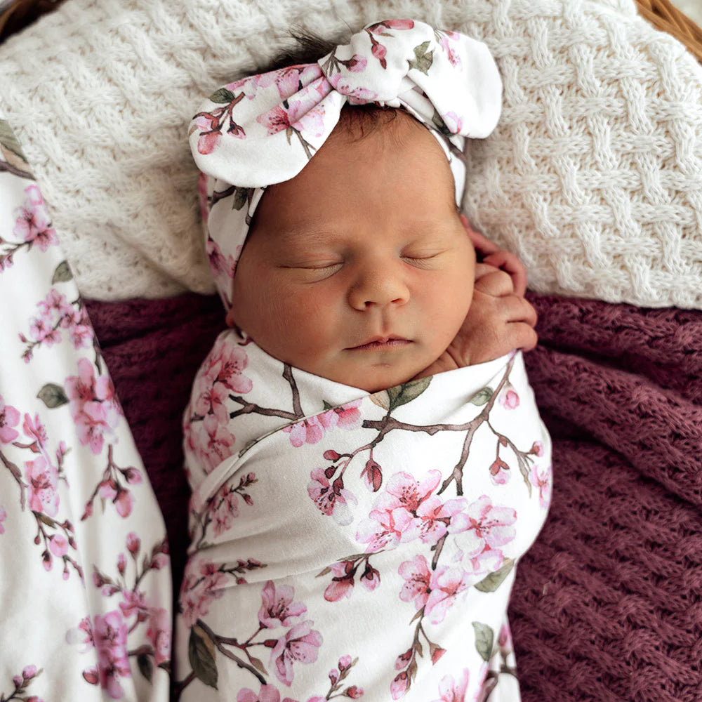 Cherry Blossom Organic Jersey Wrap & Top Knot Set