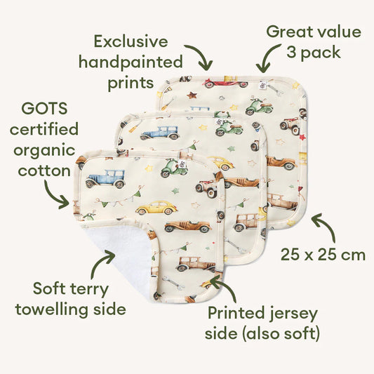 Vintage Cars Organic Wash Cloth - 3pk