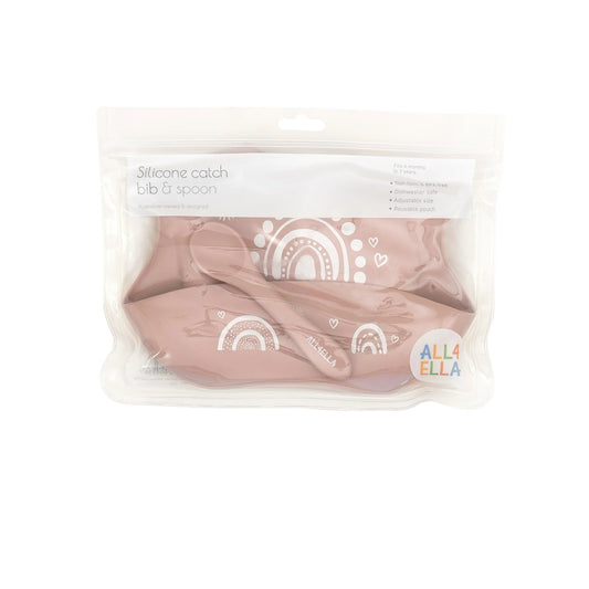 Silicone Bib with spoon - Rainbow Dusty Pink