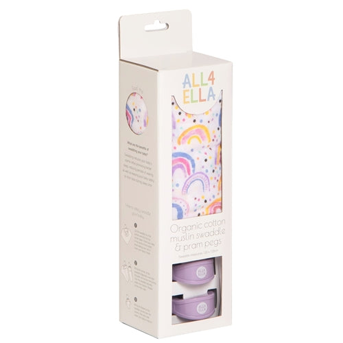 Muslin & 2 Pram Peg Box Set - Watercolour Rainbow