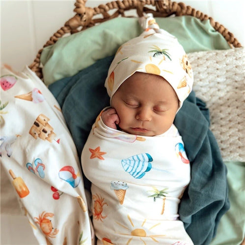 Beach Fun Organic Jersey Wrap & Beanie Set