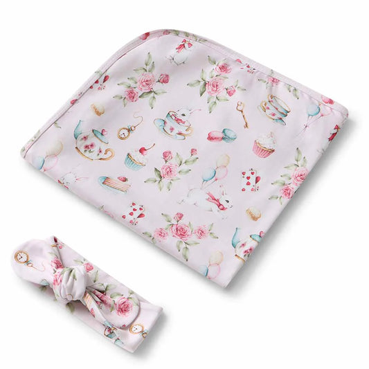 Alice's Tea Party Organic Jersey Wrap & Top Knot Set
