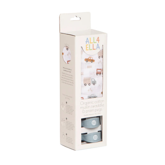 Muslin & 2 Pram Peg Box Set - Trucks