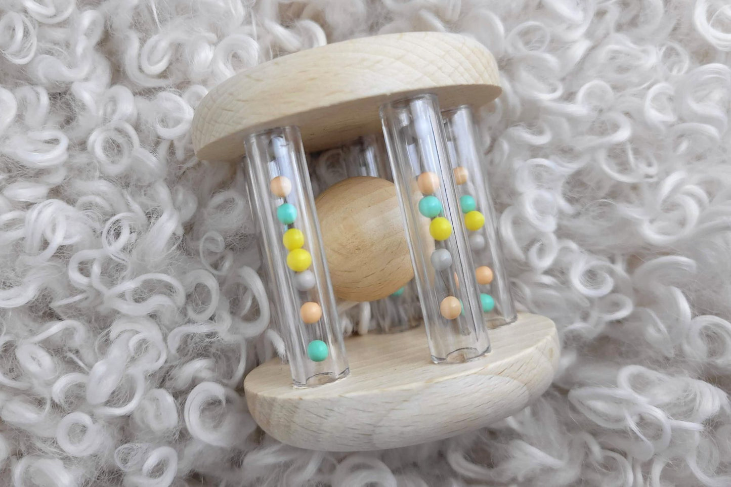 Calm and Breezy Wooden Rattle with Rainbow Bead