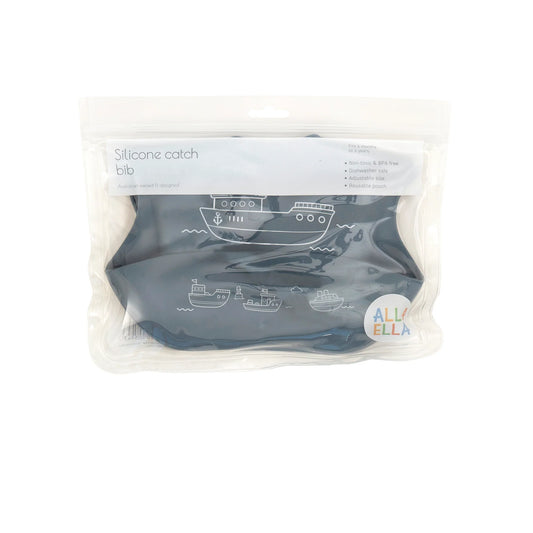 Silicone Catch Bib - Boats Slate Blue
