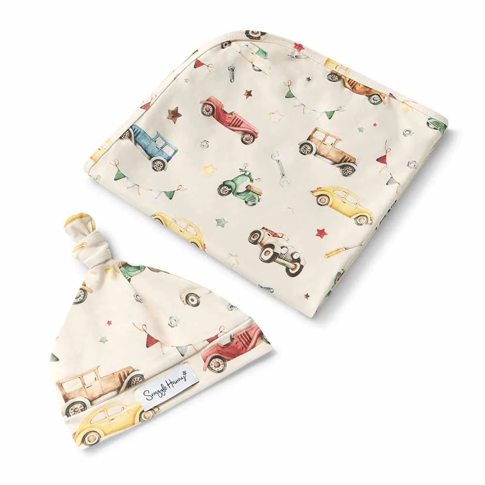 Vintage Cars Organic Jersey Wrap & Beanie Set