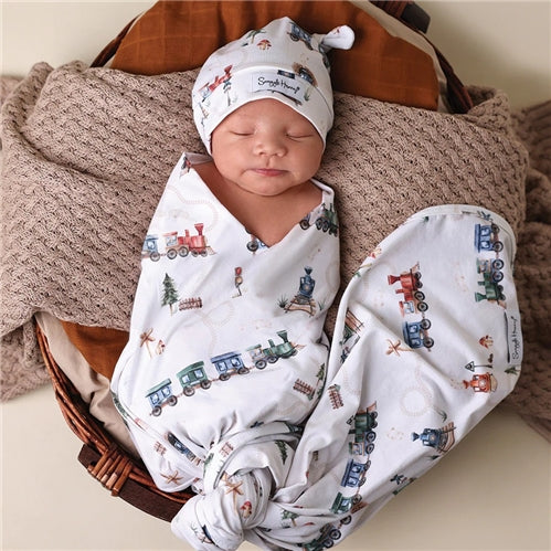 Trains Organic Jersey Wrap & Beanie Set