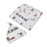 Trains Organic Jersey Wrap & Beanie Set