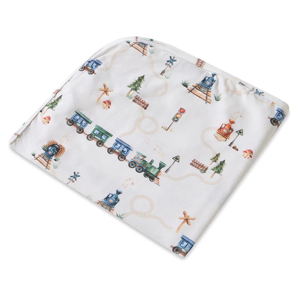 Trains Organic Jersey Wrap & Beanie Set