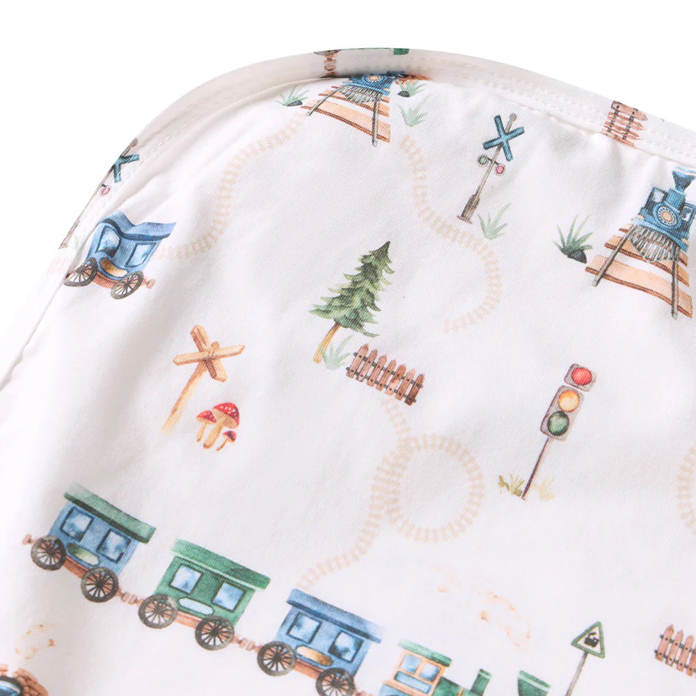 Trains Organic Jersey Wrap & Beanie Set