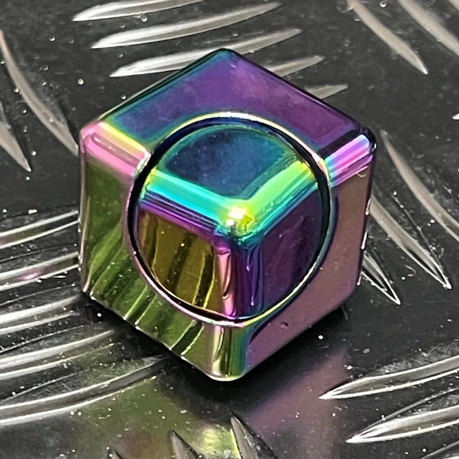 SQUARE Spinning Cube in Oil SLICK in window TIN