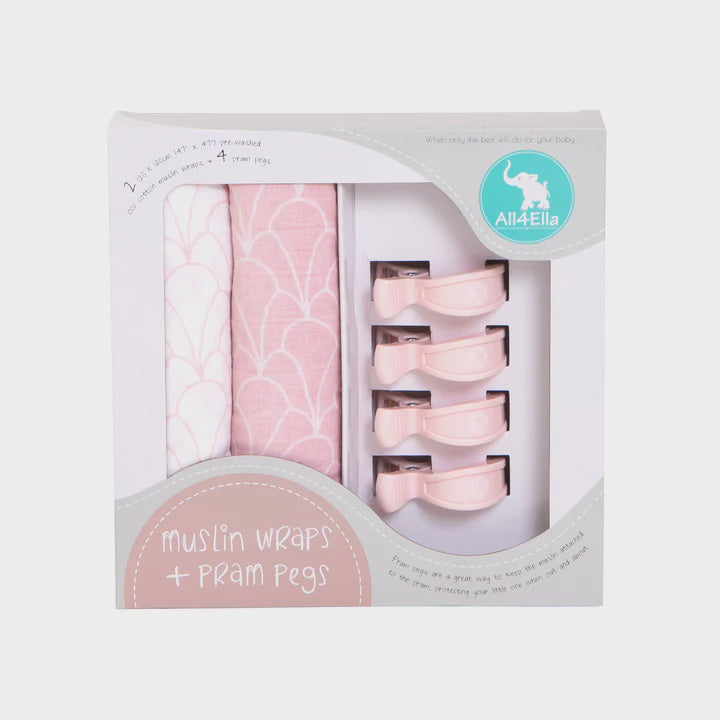 2 Muslins & 4 Pram Peg Box Set - Antique Blush